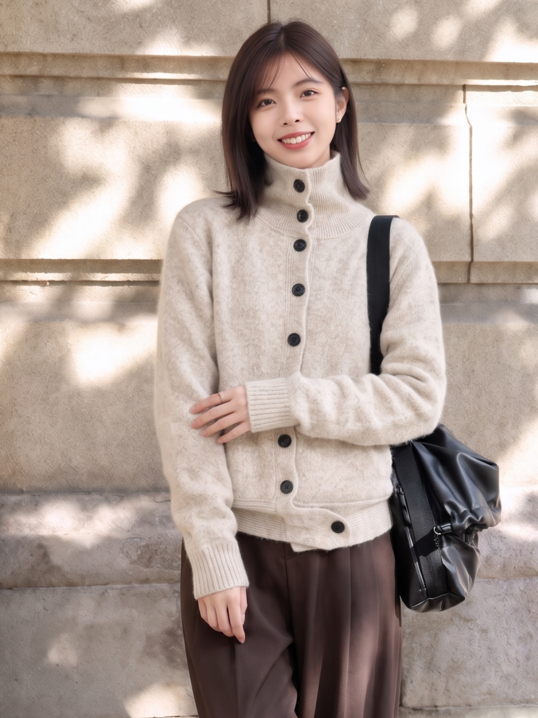 「兩色」「秋季新品 」高領寬鬆落肩針織開襟衫
