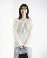 白色鏤空網眼 寬鬆落肩 長袖針織上衣