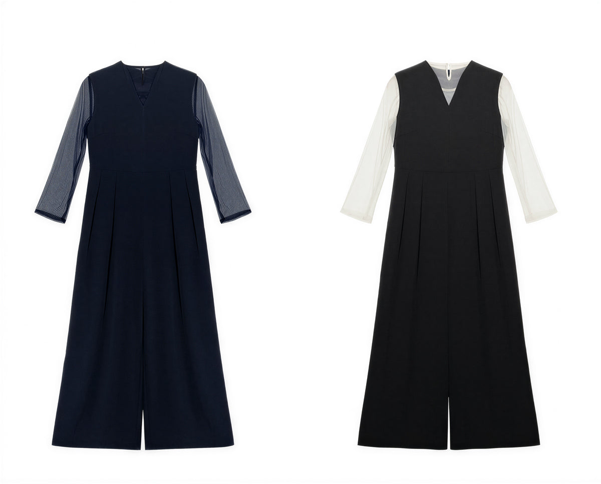 「秋季新品 」「兩色」S-2XL 品質兩件式 網紗拼袖上衣 + 寬褲連身褲 套裝