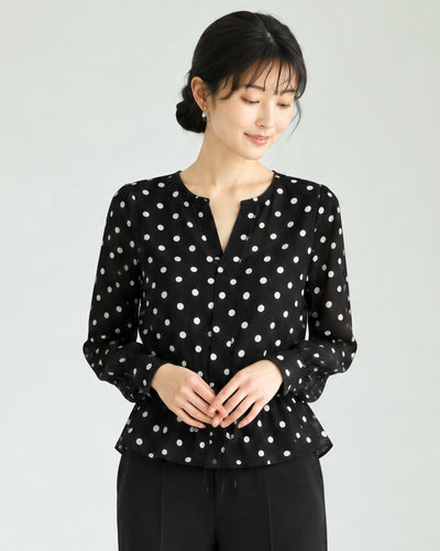 L-4XL 黑底白點收腰襯衫