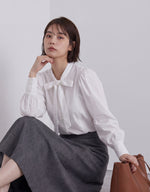蝴蝶結領 泡泡袖 抓褶襯衫-米白色-L
