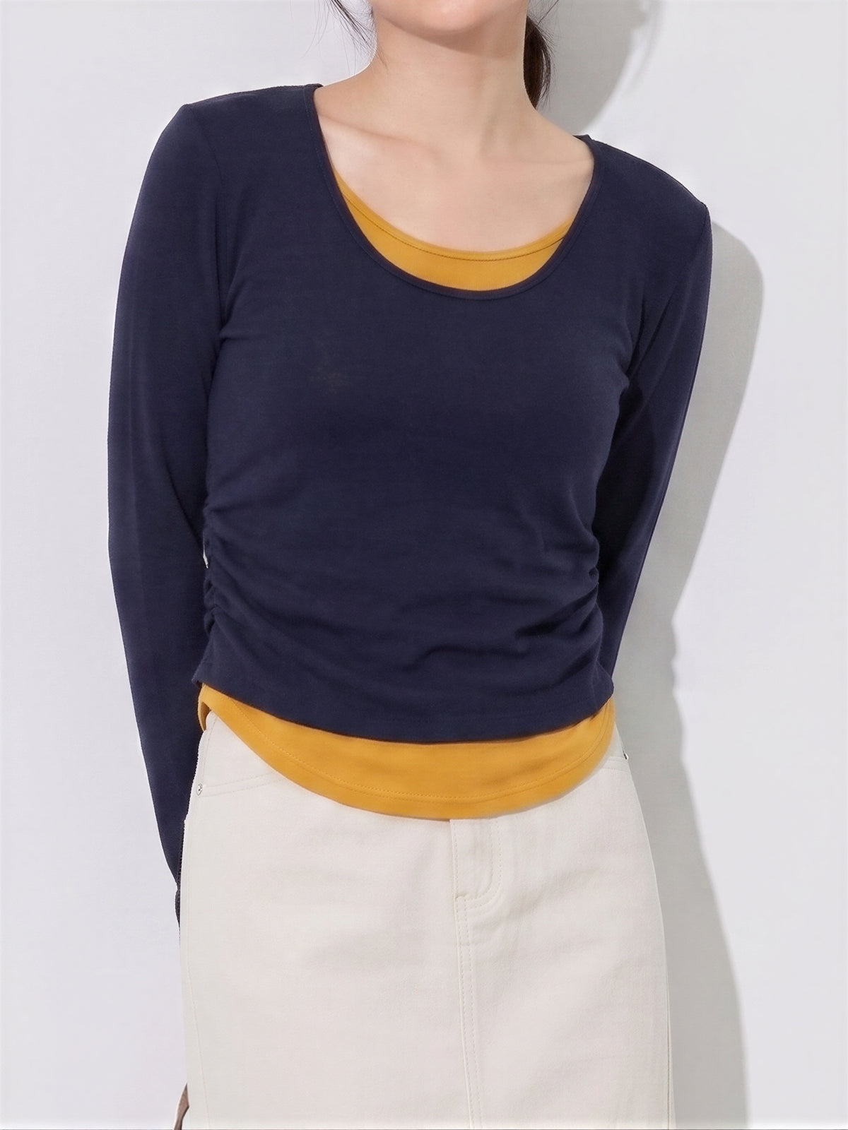 S-XL 深藍色疊穿感 | 圓領修身假兩件長袖T恤