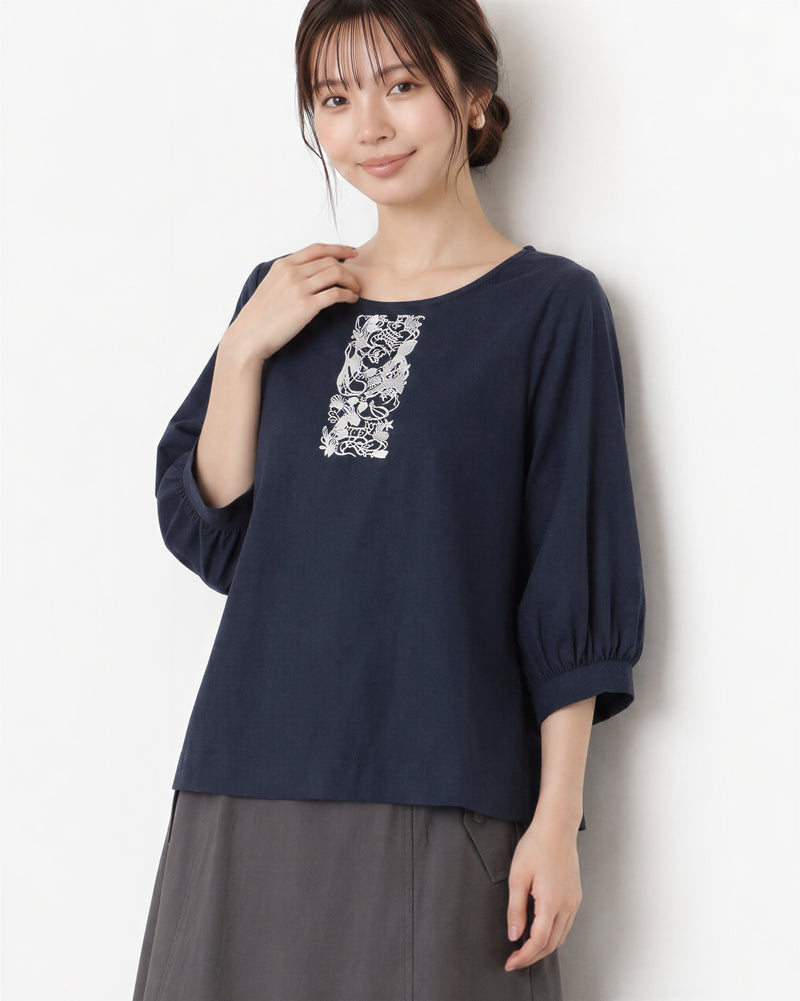 刺繡拼接燈籠袖T恤-深藍色-3XL