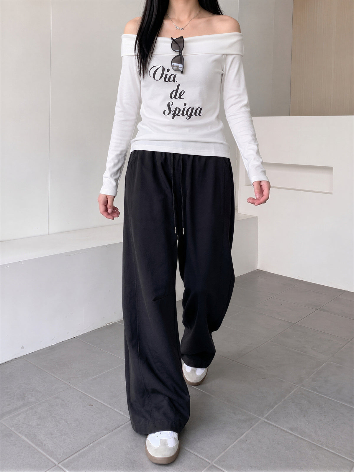 「秋季新品 」「4色」M-XL 高腰抽繩拖地寬褲