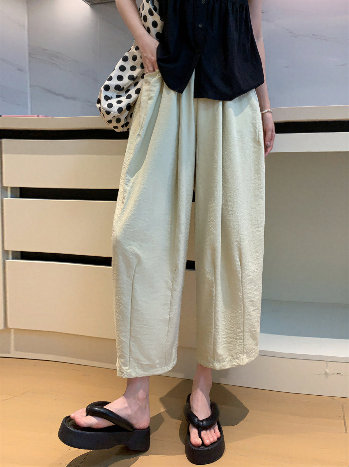 S-XL 高腰寬鬆褶感寬褲