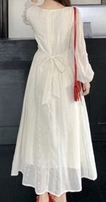 「秋季新品 」S-2XL 白色收腰飄逸蕾絲洋裝