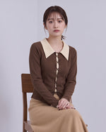 M-2XL 撞色翻領綁帶收腰長袖針織衫