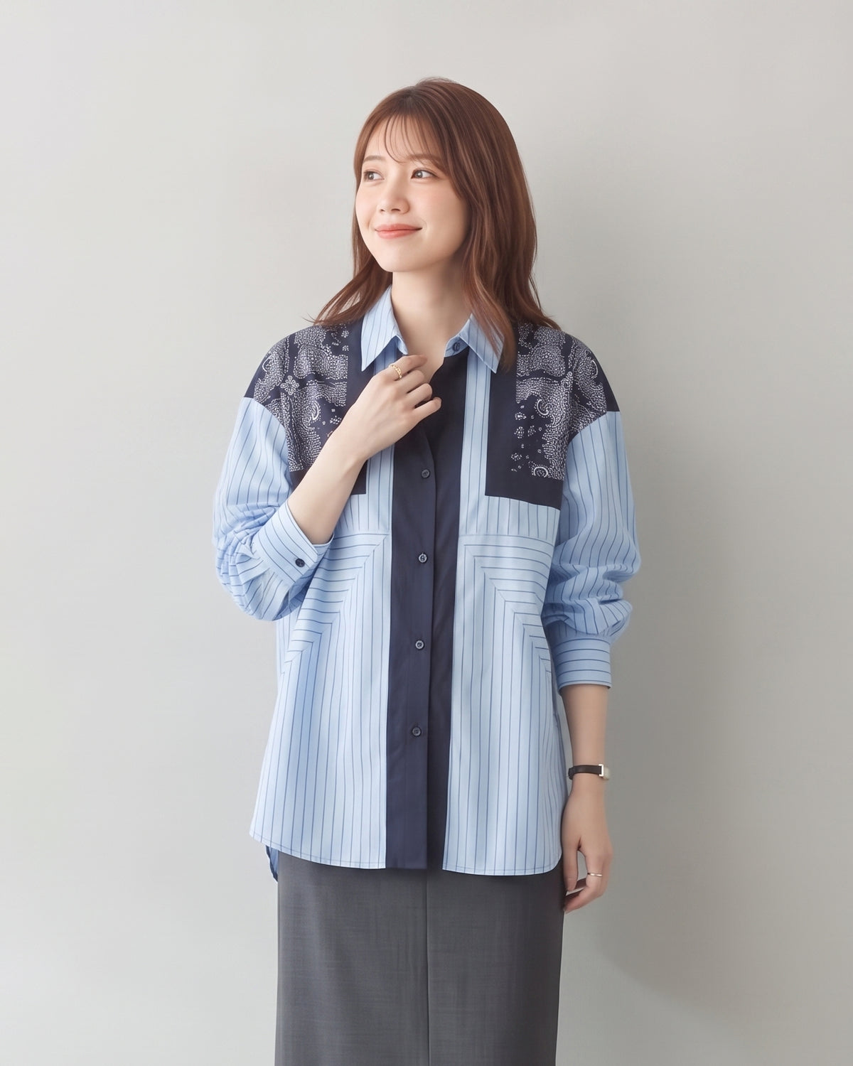 「秋季新品 」L~4XL 拼接條紋印花襯衫