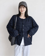 「秋季新品 」「兩色」寬鬆條紋薄款落肩開襟衫外搭