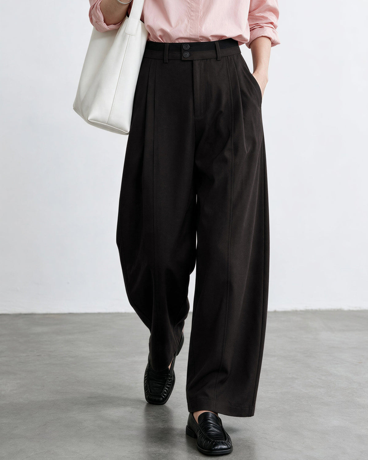 「兩色」「秋季新品 」 M-2XL 高腰修飾胯寬雙扣寬褲