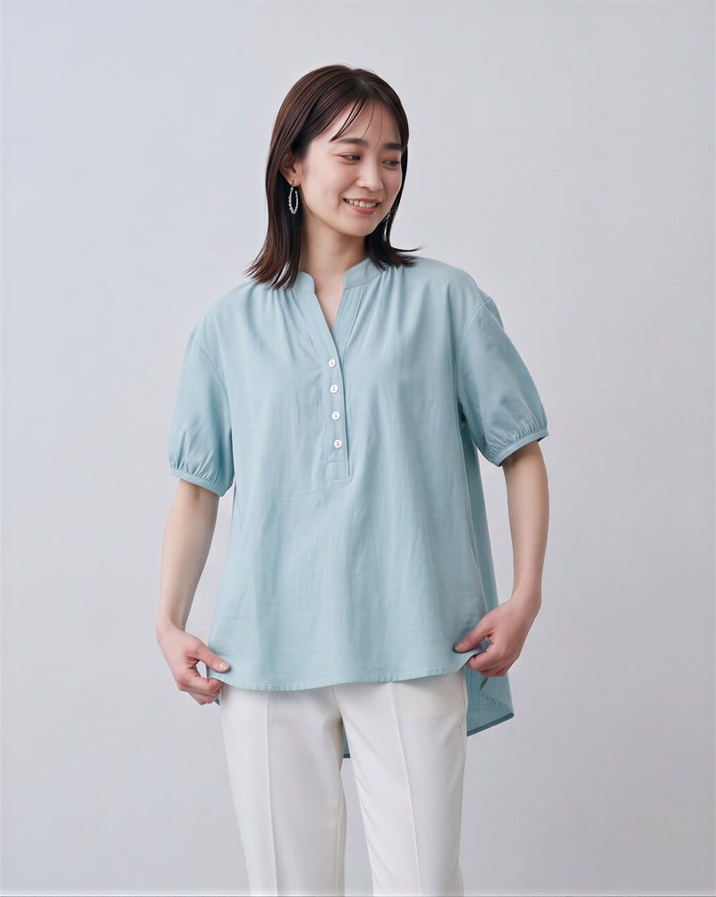 M~2XL 立領半開襟泡泡袖短袖襯衫