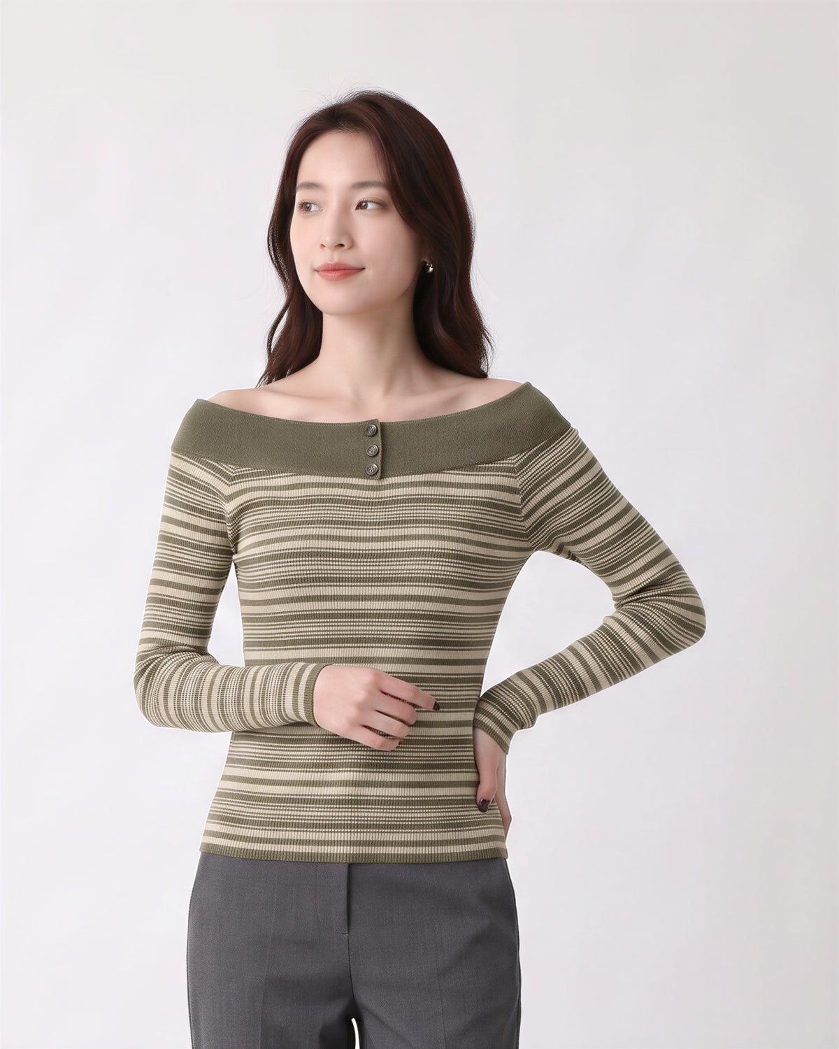 「秋季新品 」S-XL 一字領條紋修身針織衫