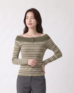 「秋季新品 」S-XL 一字領條紋修身針織衫