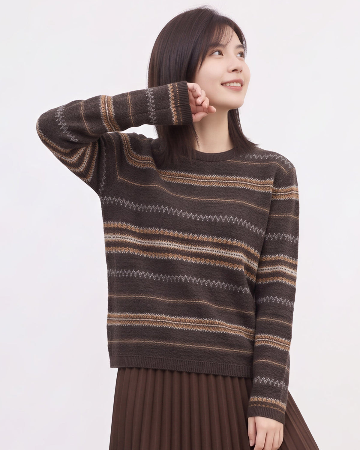 「秋季新品 」「兩色」提花條紋圓領針織衫