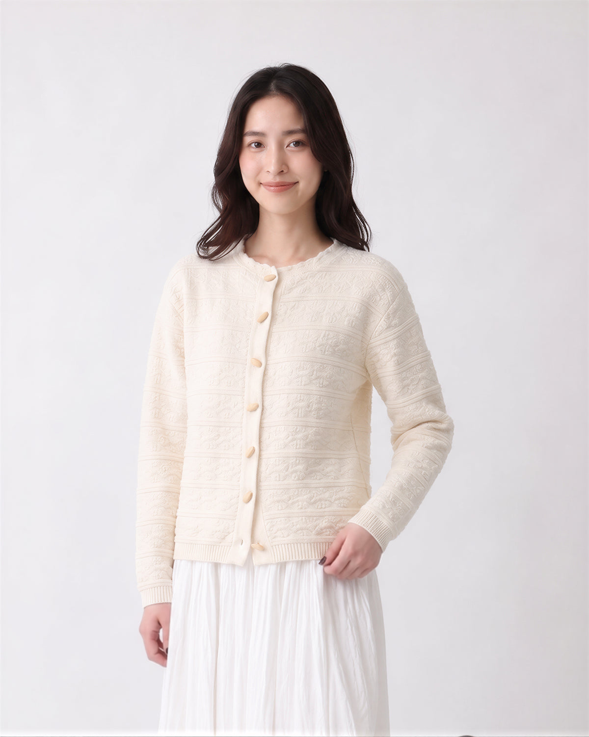 S-XL 淺米色立體肌理圓領短版針織開襟衫