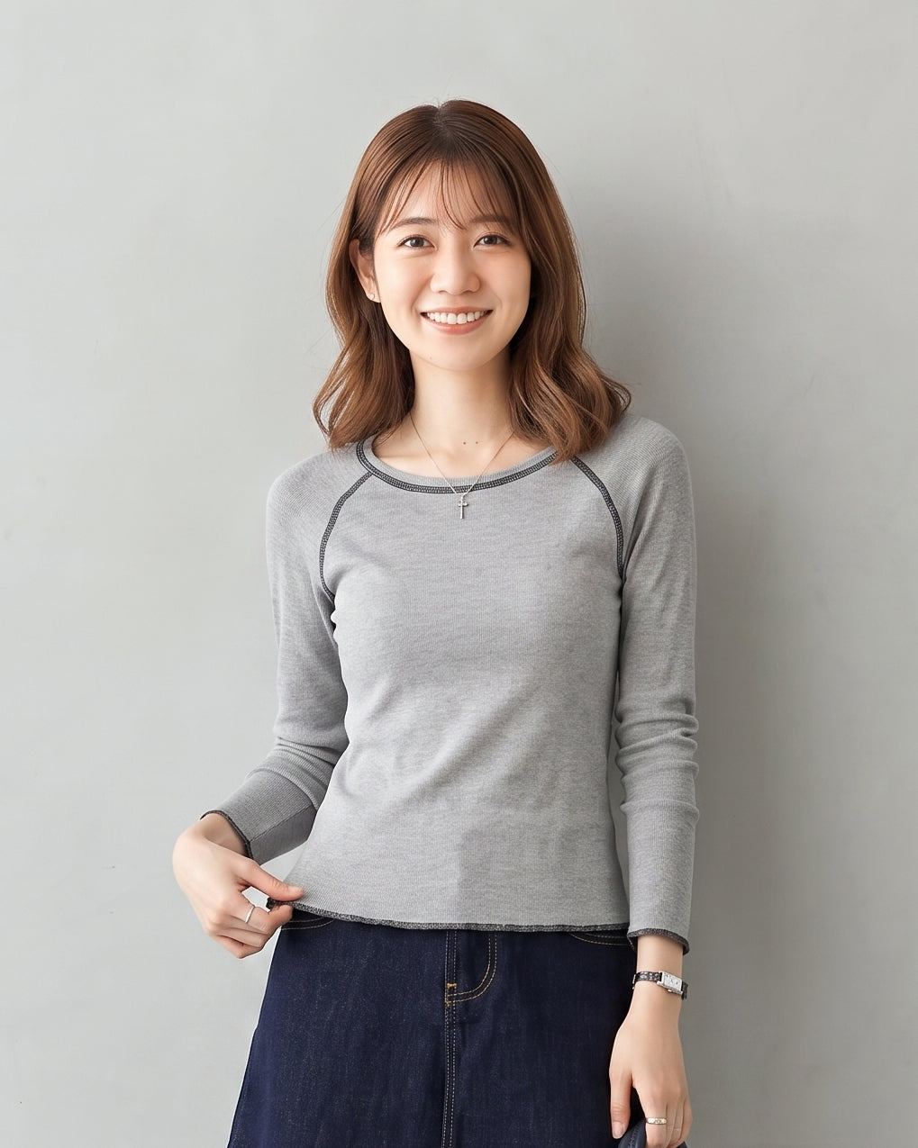 「秋季新品 」S-XL 灰色修身撞色滾邊插肩長袖打底T恤