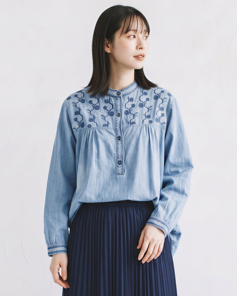 「秋季新品 」 M-2XL 刺繡立領寬鬆襯衫