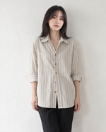 「兩色」「秋季新品 」S-XL 寬鬆條紋拼接口袋襯衫