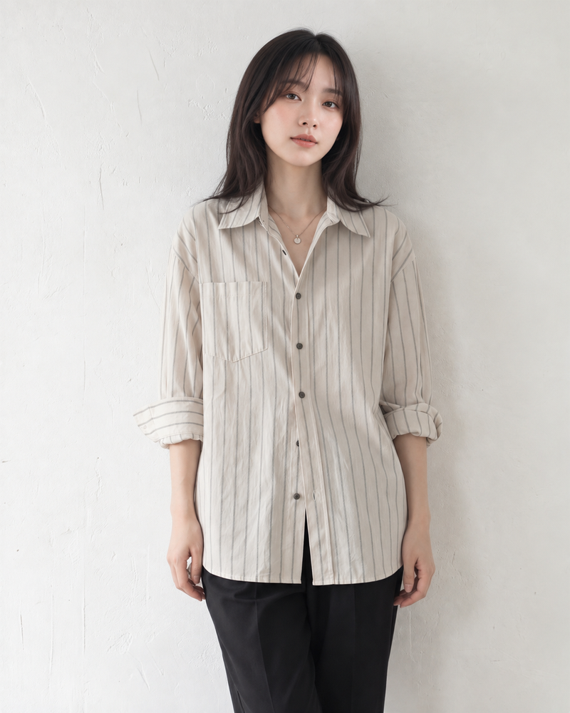 「兩色」「秋季新品 」S-XL 寬鬆條紋拼接口袋襯衫
