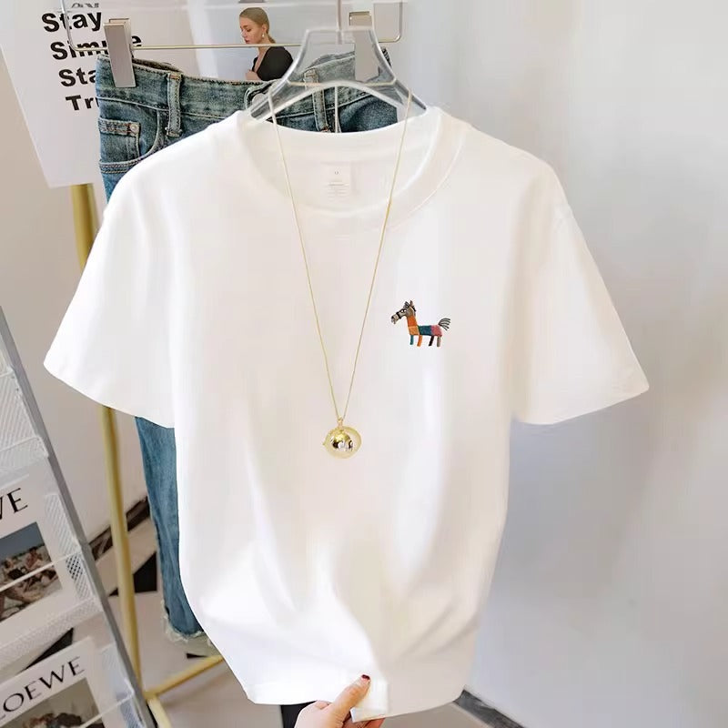 簡約圓領小馬刺繡T恤
