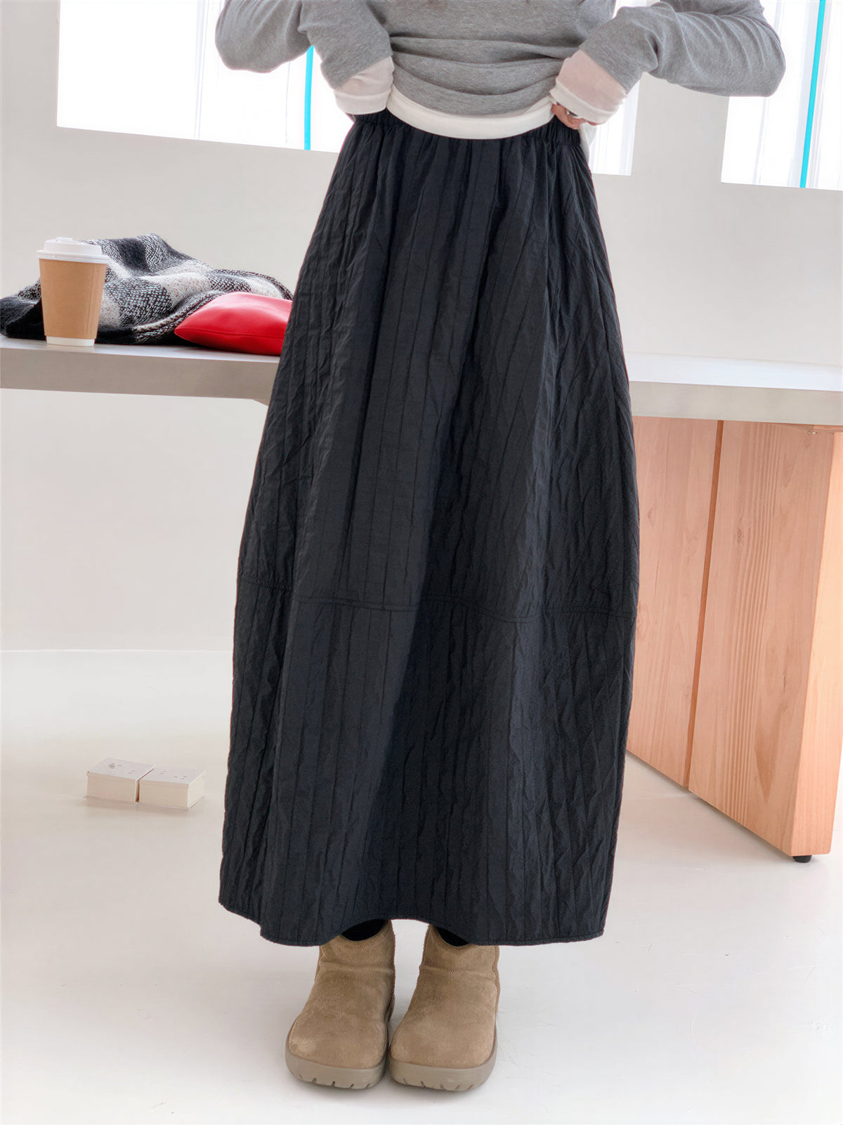 「兩色」「秋季新品 」M-XL 抓皺蓬感高腰半身裙
