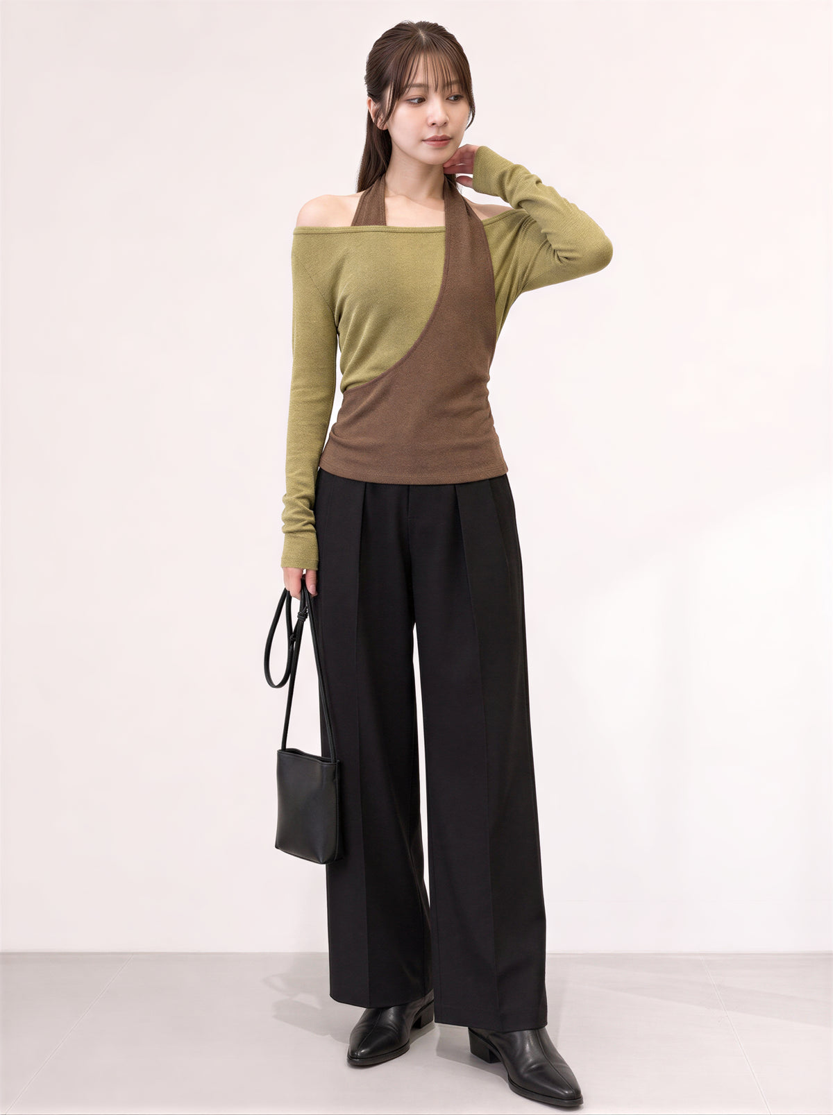 S-XL 斜裁掛脖露肩假兩件T恤