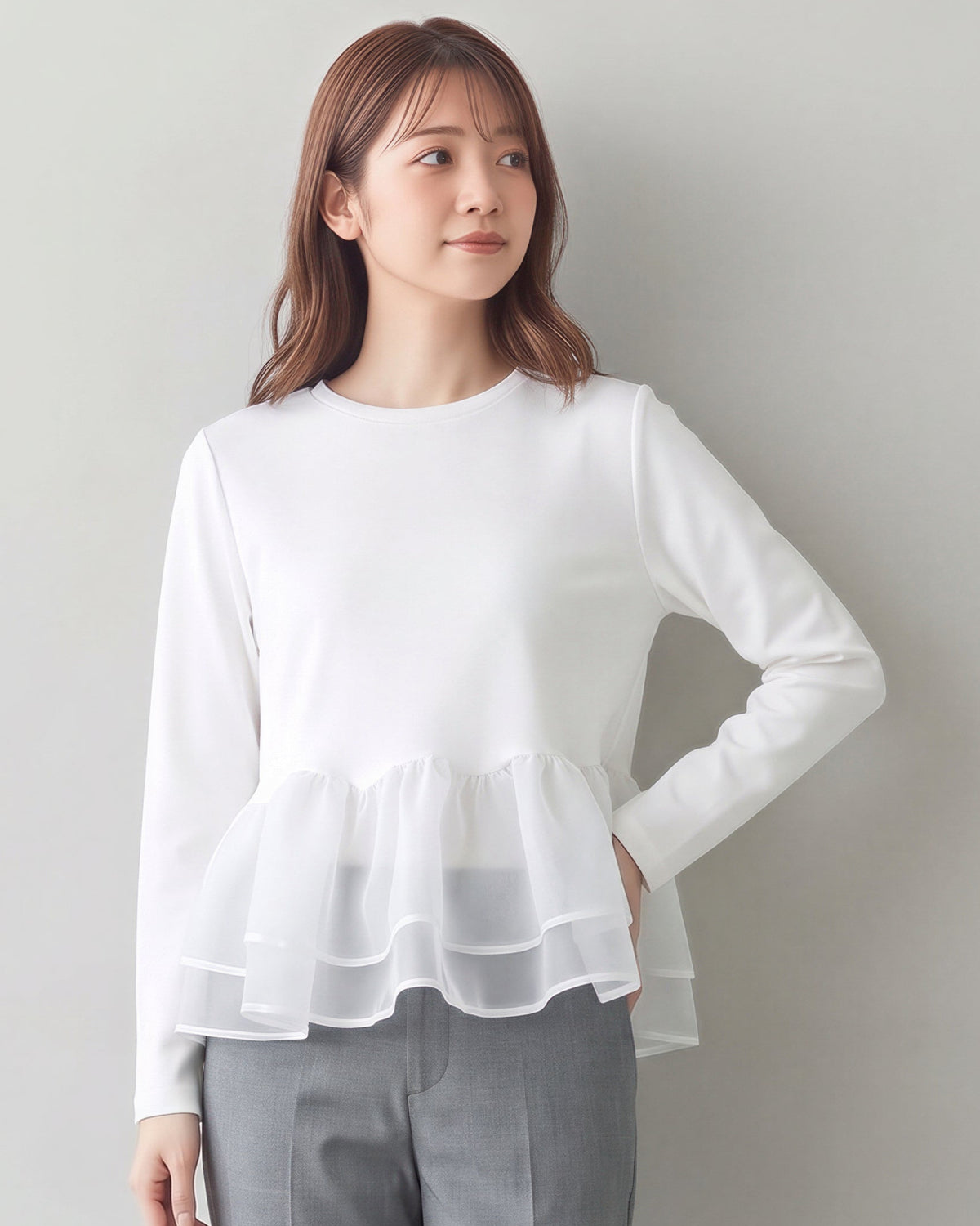 「秋季新品 」「3色」M-L 網紗拼接荷葉下擺假兩件長袖T恤
