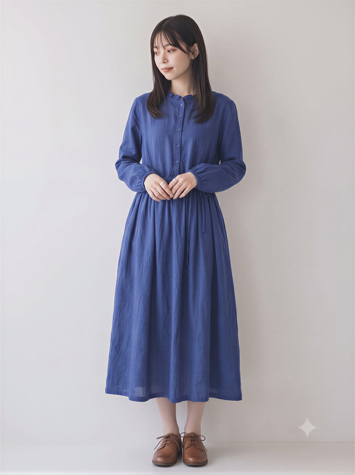 「秋季新品 」M-2XL木耳邊立領收腰棉麻洋裝
