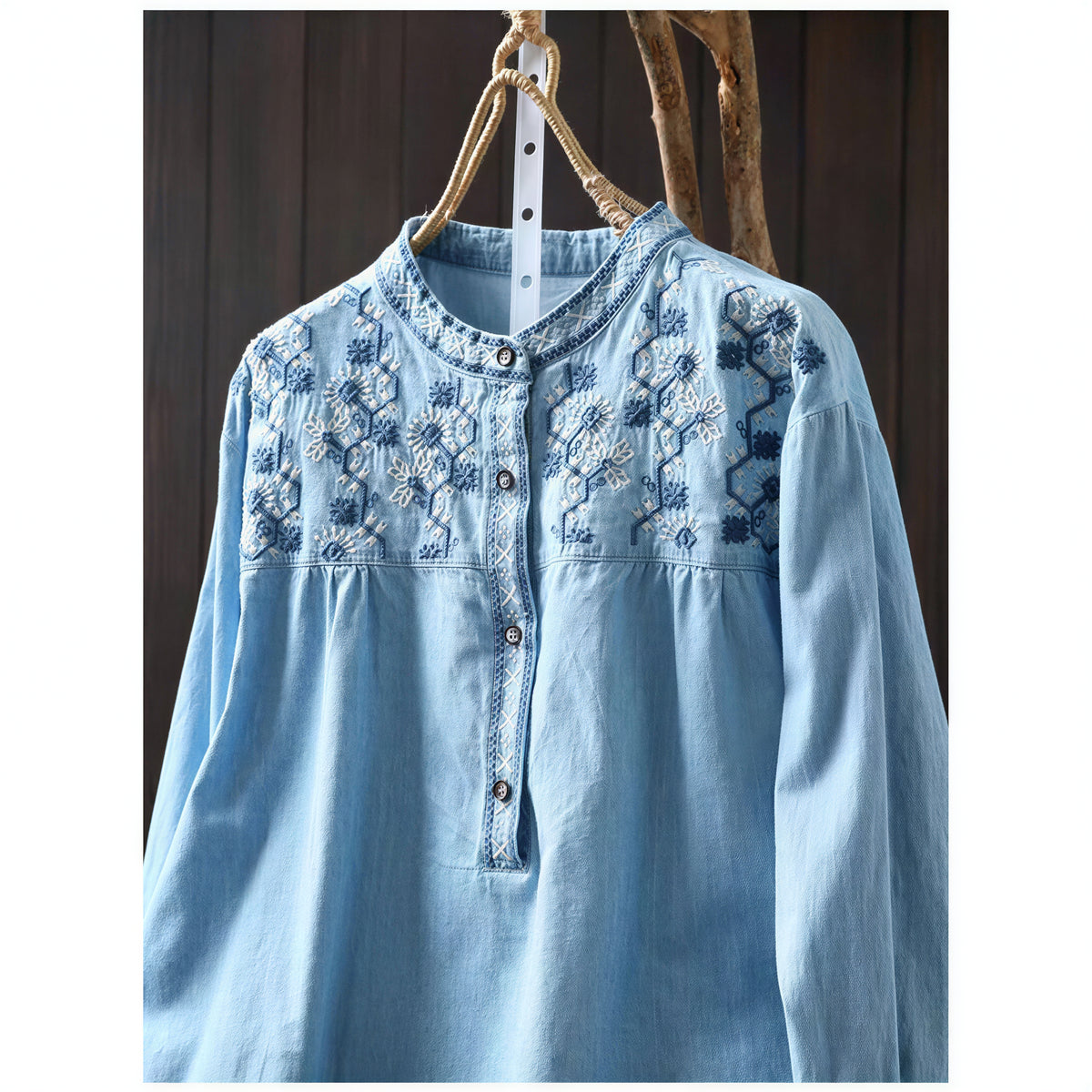 「秋季新品 」 M-2XL 刺繡立領寬鬆襯衫