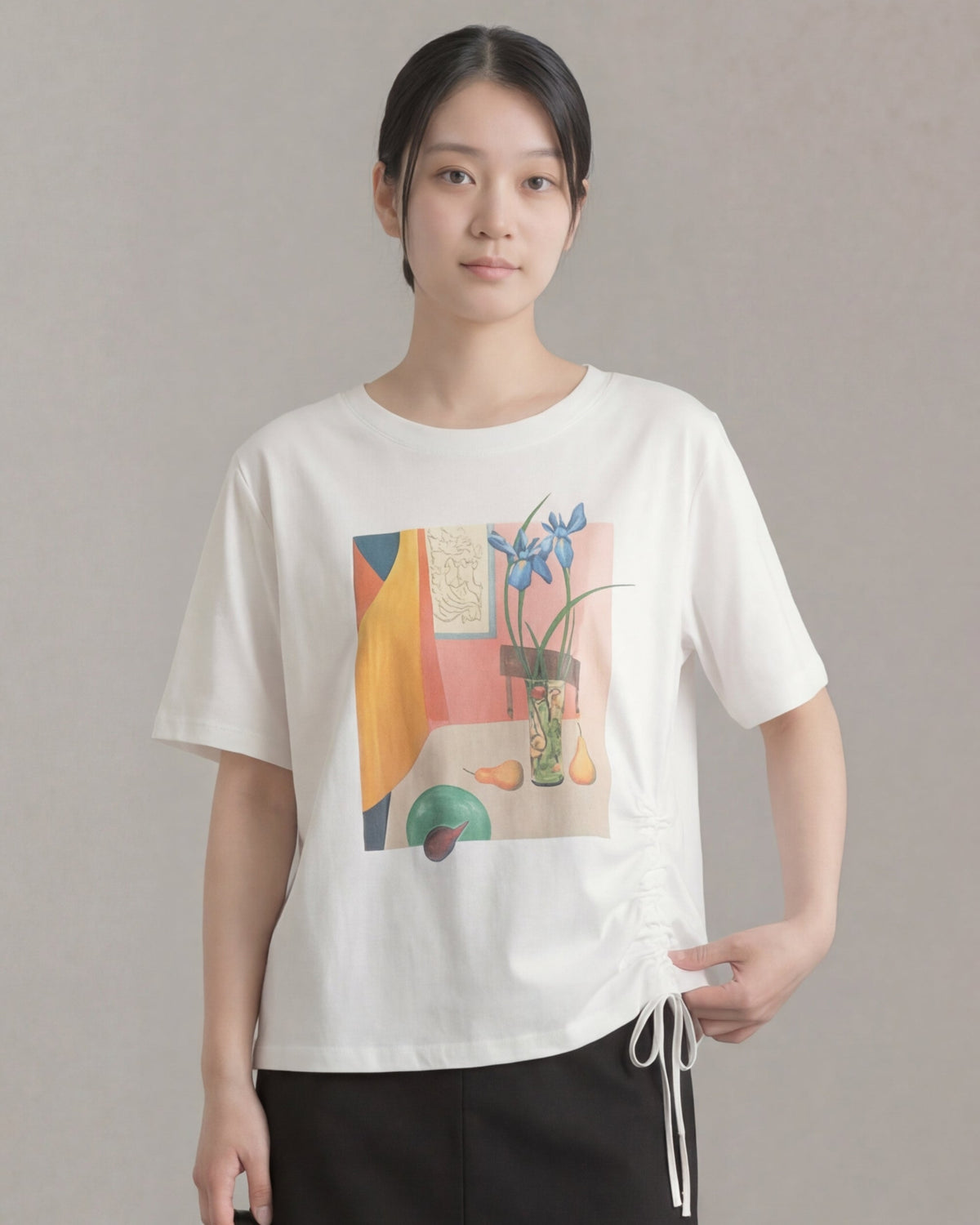藝術印花側抽繩寬鬆T恤-白色-2XL