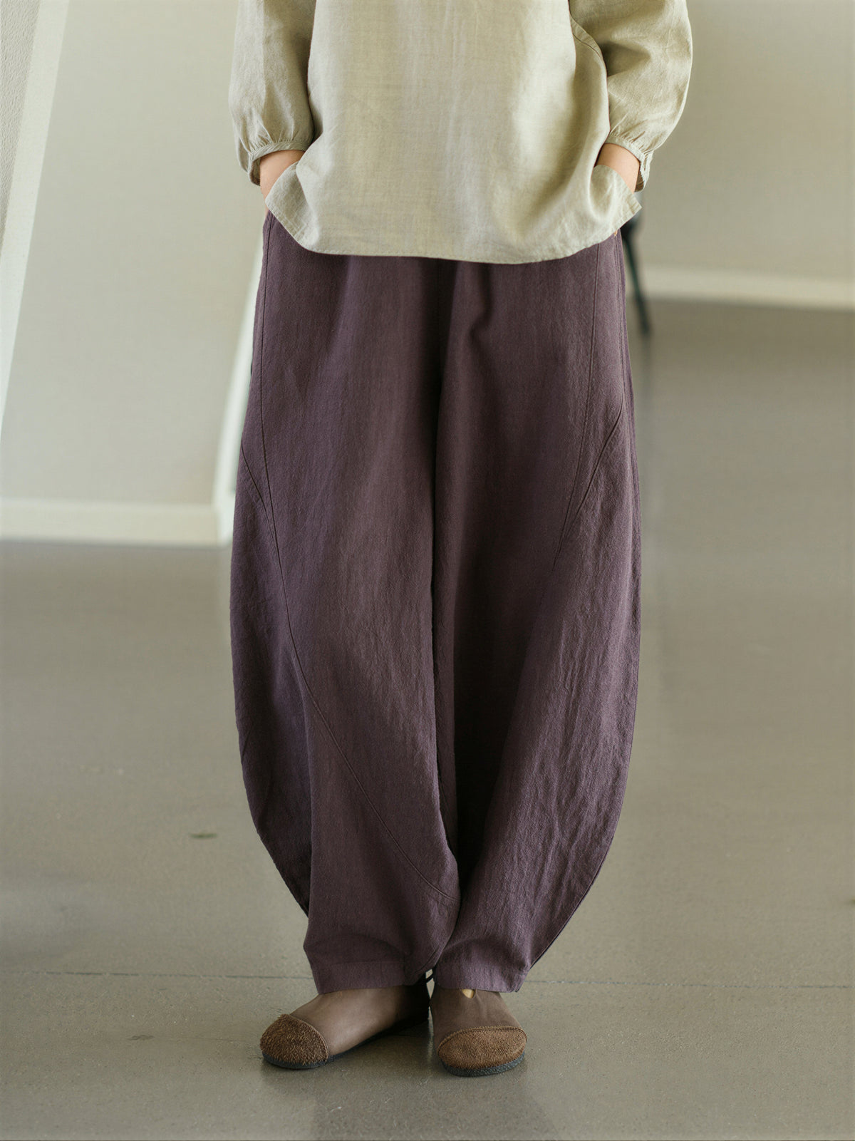 「兩色」「秋季新品 」M-2XL 鬆緊高腰寬鬆燈籠休閒褲
