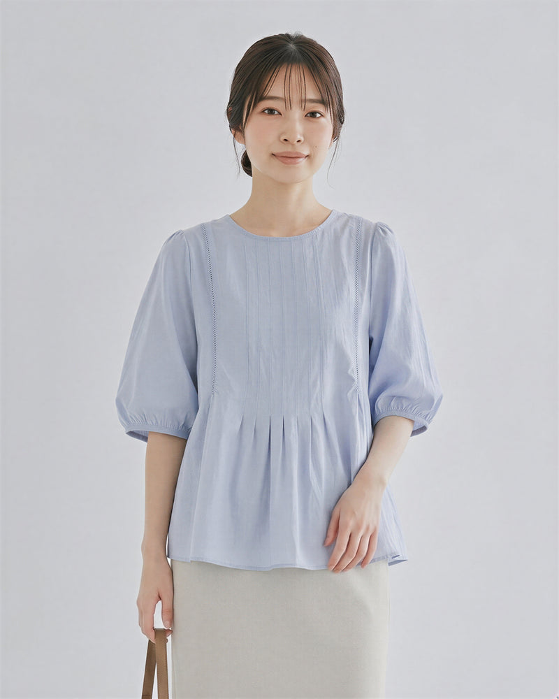 圓領壓褶收腰襯衫-淺紫色-3XL