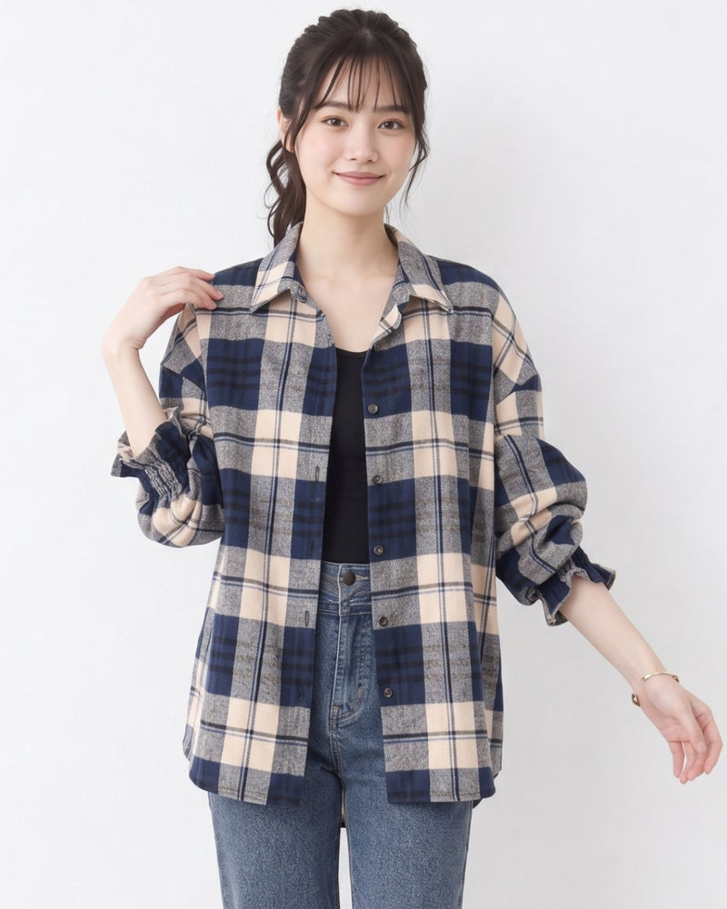 「秋季新品 」寬鬆格紋翻領襯衫