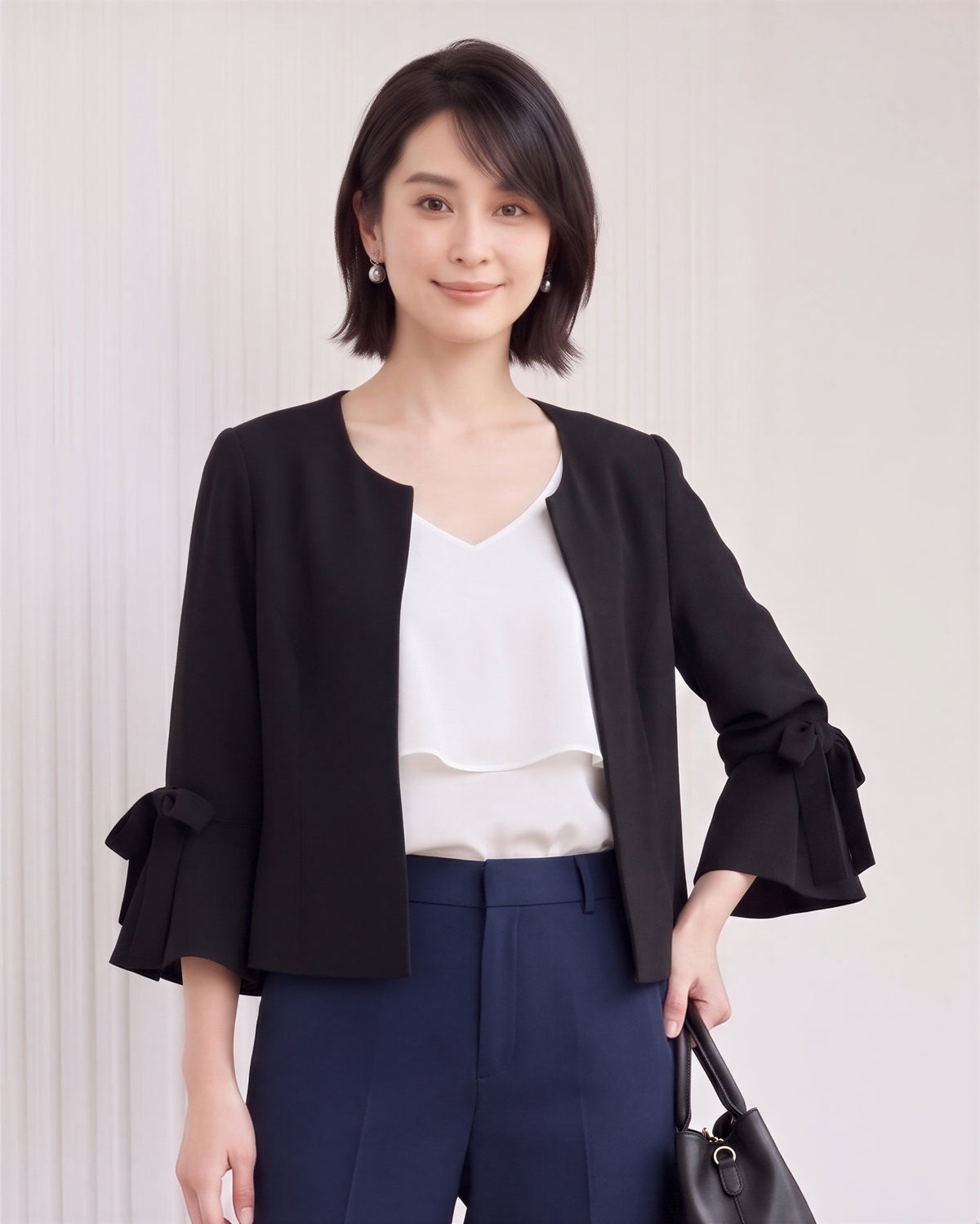 「秋季新品 」「3色」S-2XL 圓領荷葉袖綁帶西裝外套