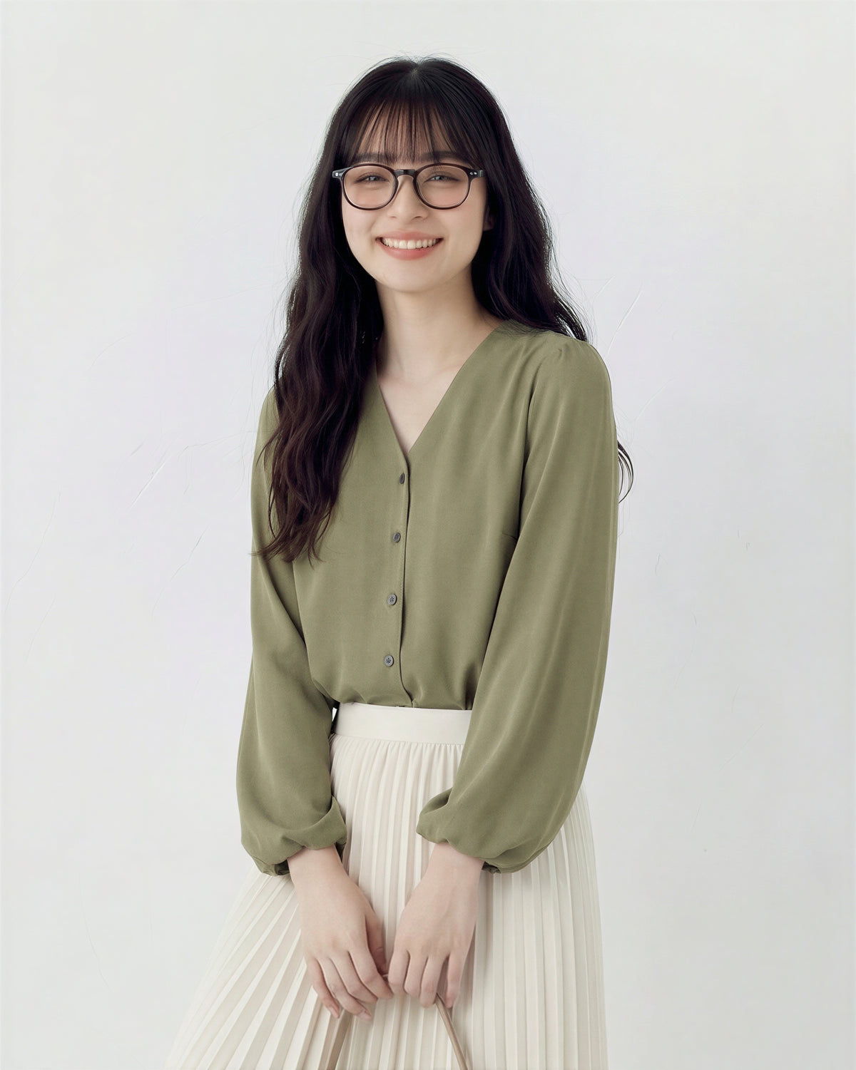 V領門襟排扣泡泡袖長袖襯衫