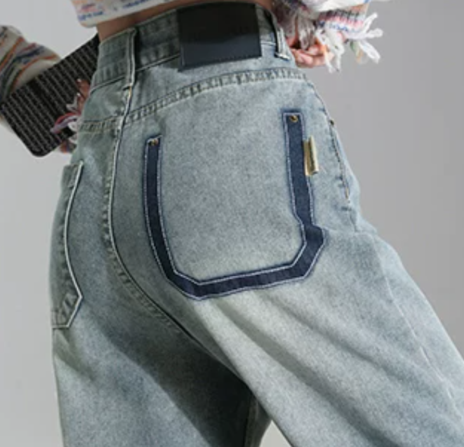 「兩色」「秋季新品 」 XS-2XL 高腰寬褲管刷舊牛仔褲
