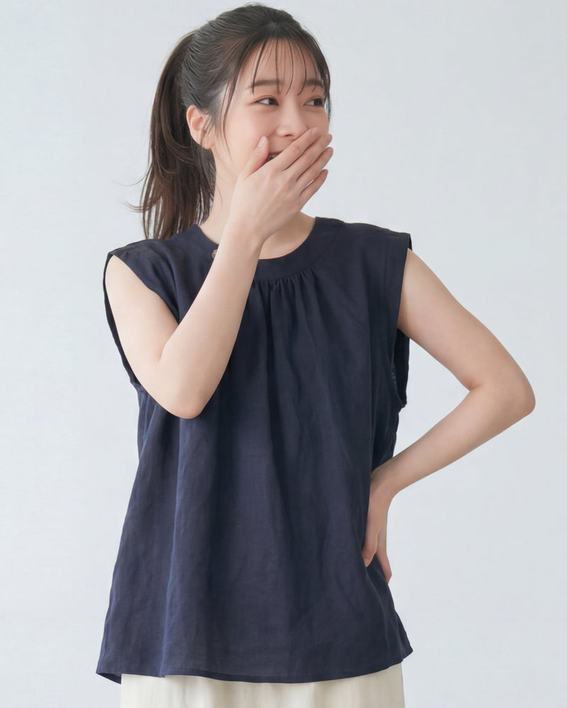 立體褶皺圓領無袖寬鬆T恤-深藍色-4XL