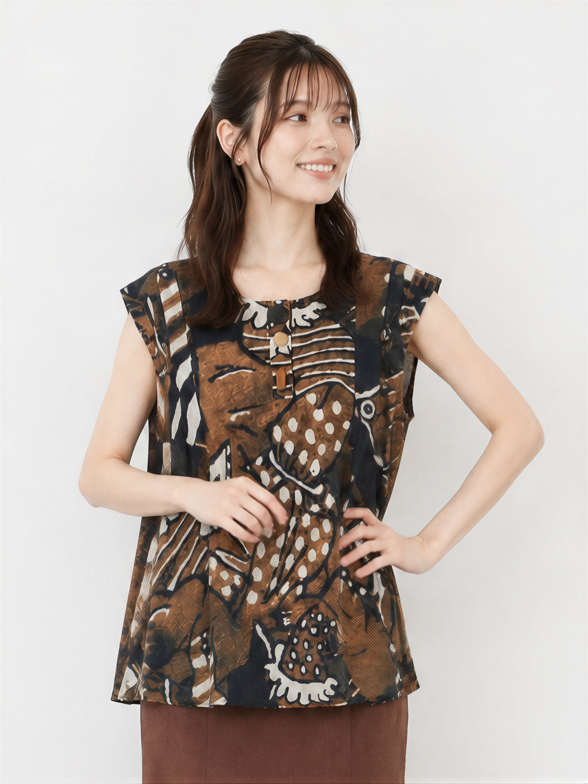 M-2XL 寬鬆A字擺印花無袖襯衫