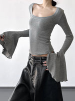 S-XL 高級感 U领個性喇叭袖 | 修身打底衫