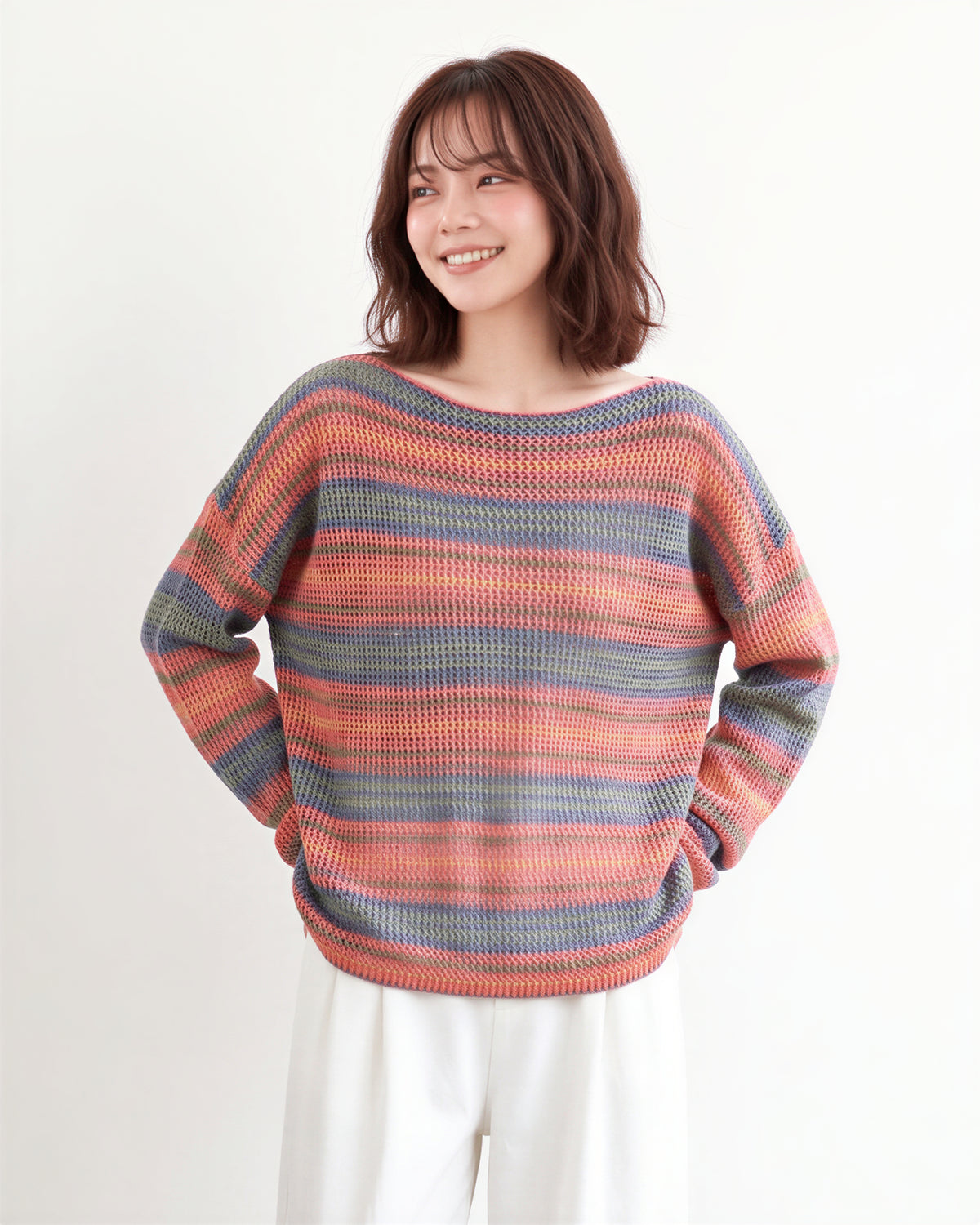 「秋季新品 」M-XL 彩條寬鬆落肩針織衫