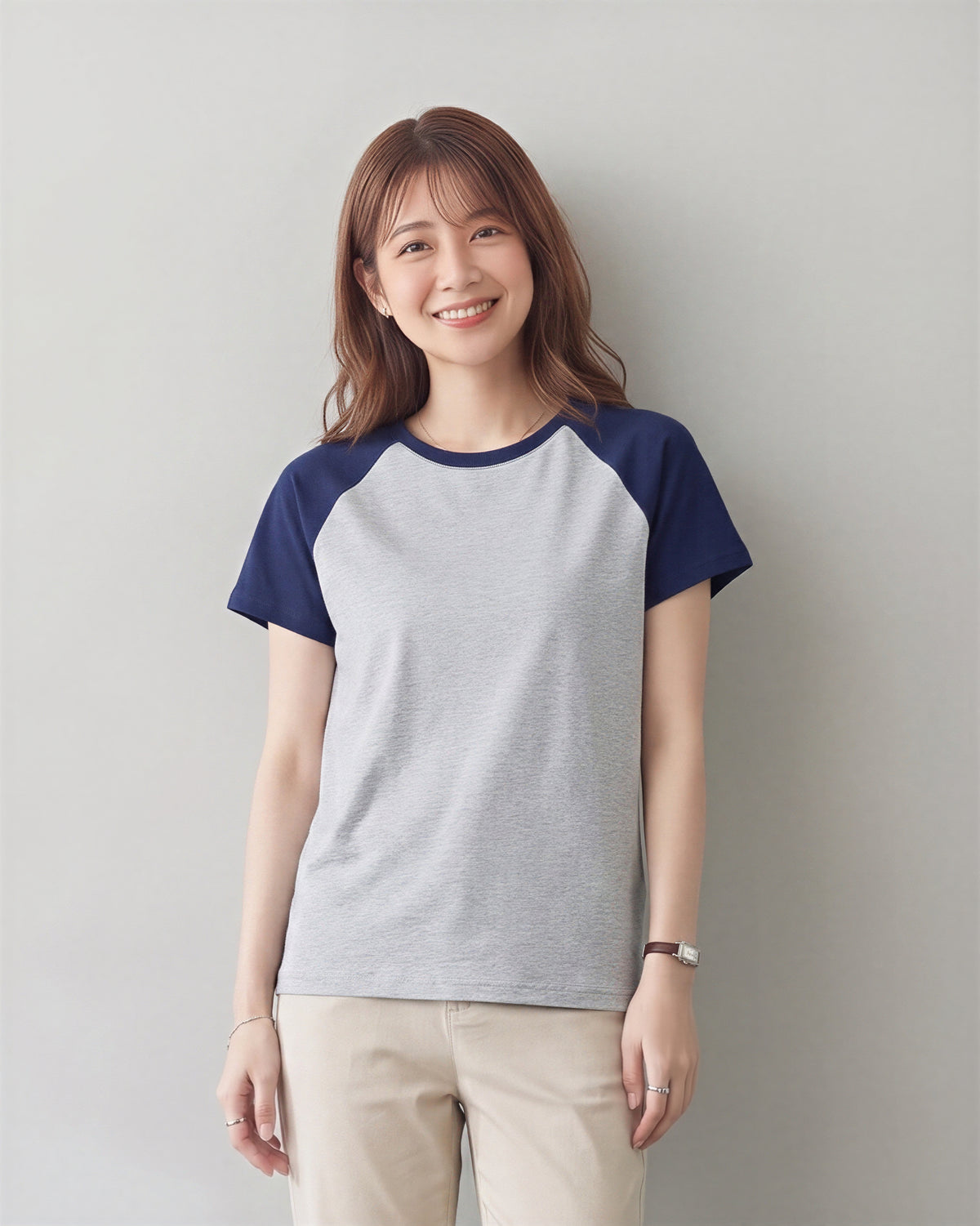 插肩拼接修身短袖T恤-灰米色 X 藏青色-3XL