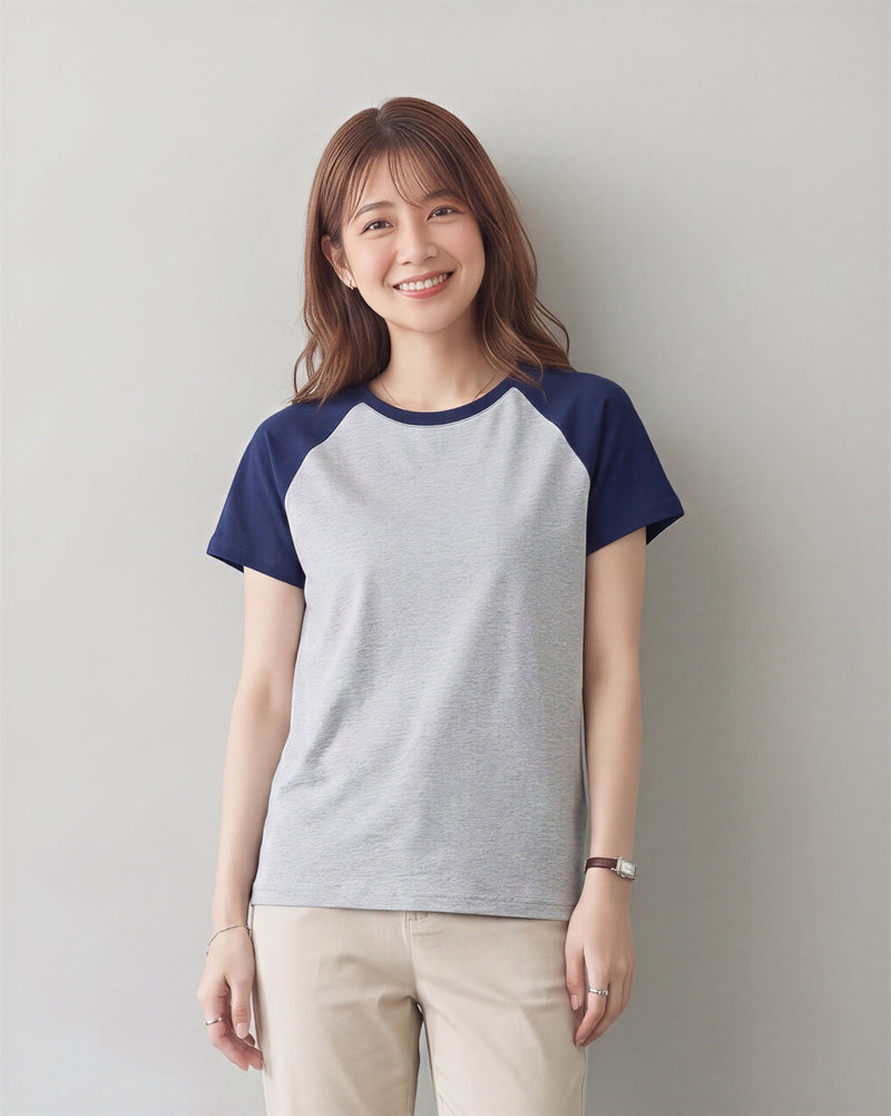 插肩拼接修身短袖T恤-灰米色 X 藏青色-3XL