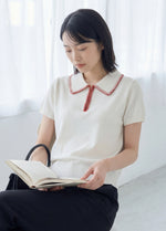 撞色繡邊翻領半開襟針織短袖