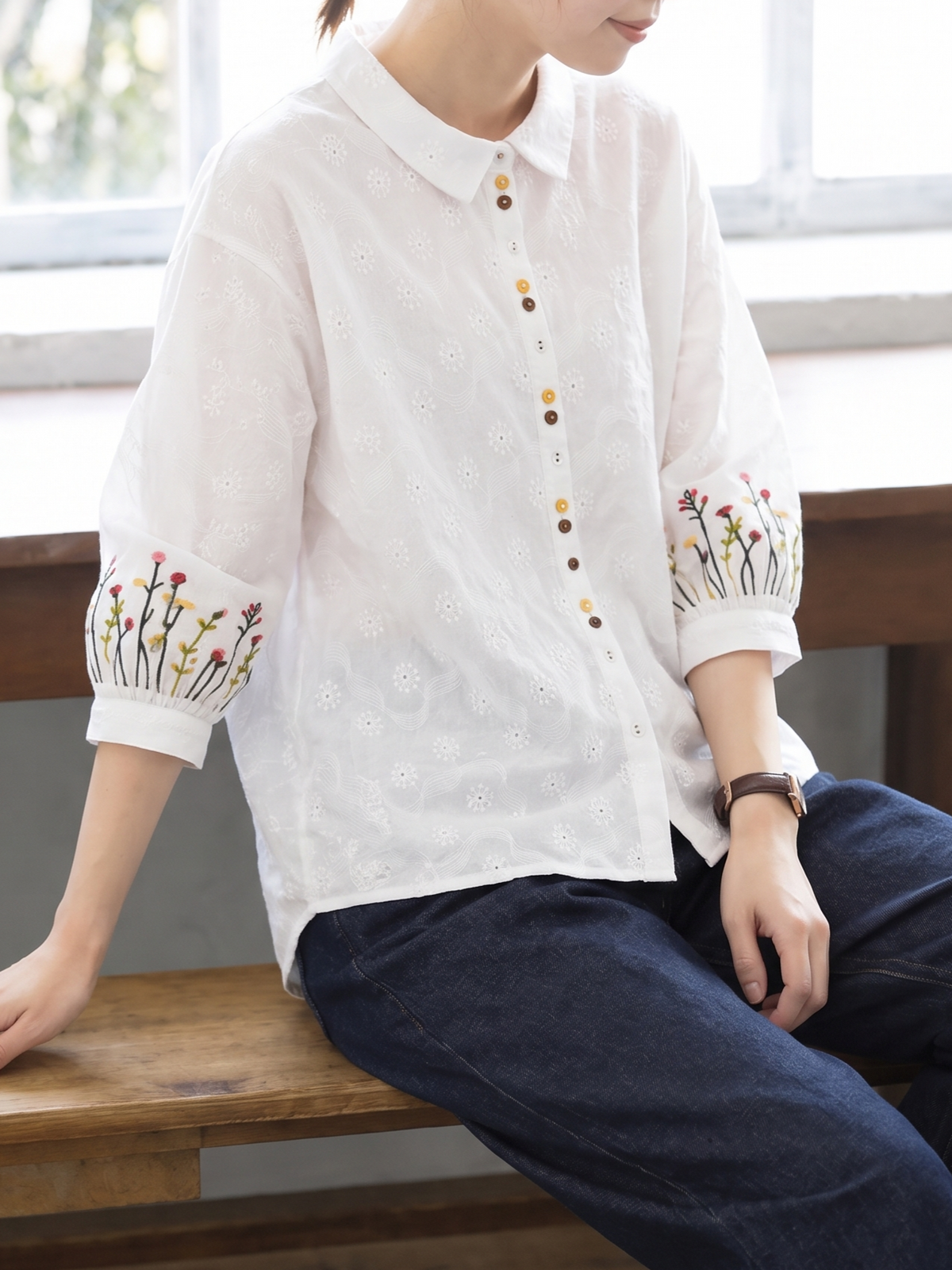 「3色」「秋季新品 」M-2XL 品質刺繡 全棉甄選 柔軟舒適 寬鬆小方領長袖襯衫