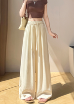 冰絲亞麻闊腿褲高腰抽繩垂墜感寬褲
