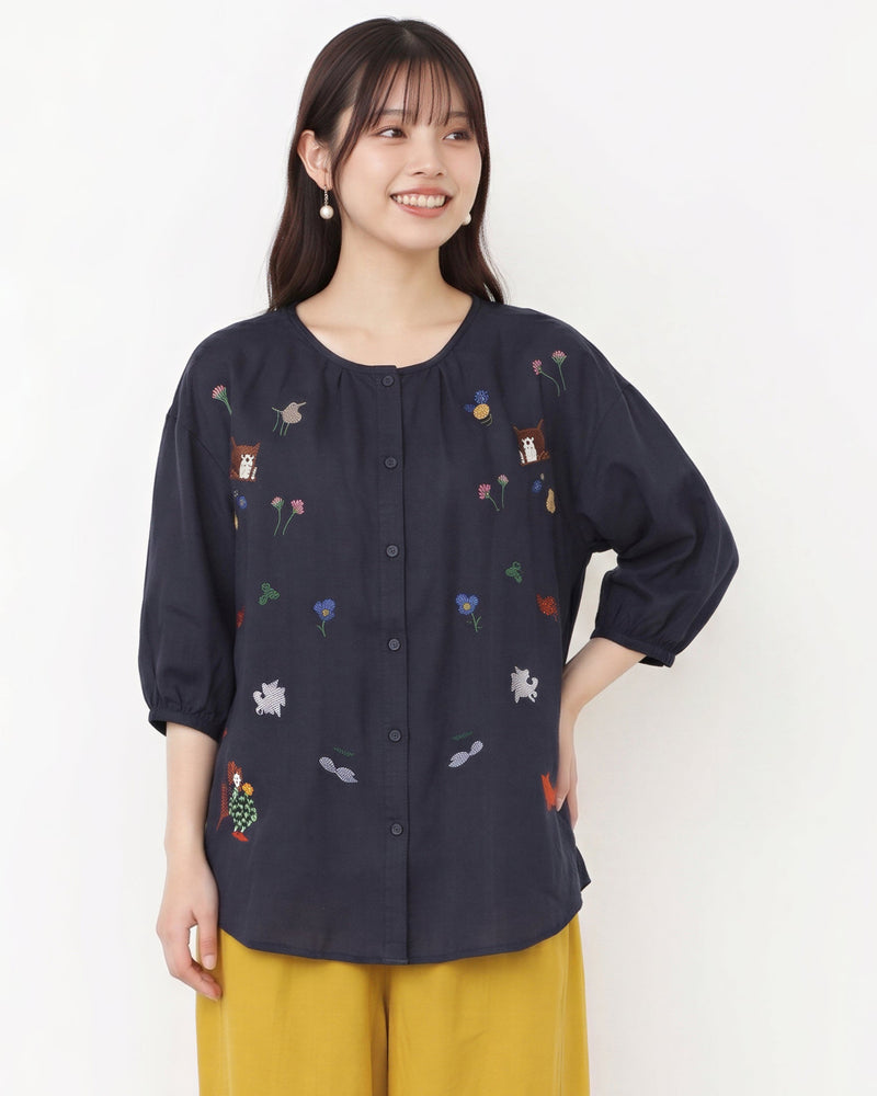 寬鬆刺繡燈籠袖襯衫-藏青色-4XL