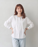 「秋季新品 」棉 100% 復古刺繡花線長袖襯衫 撞色線跡圓領襯衫