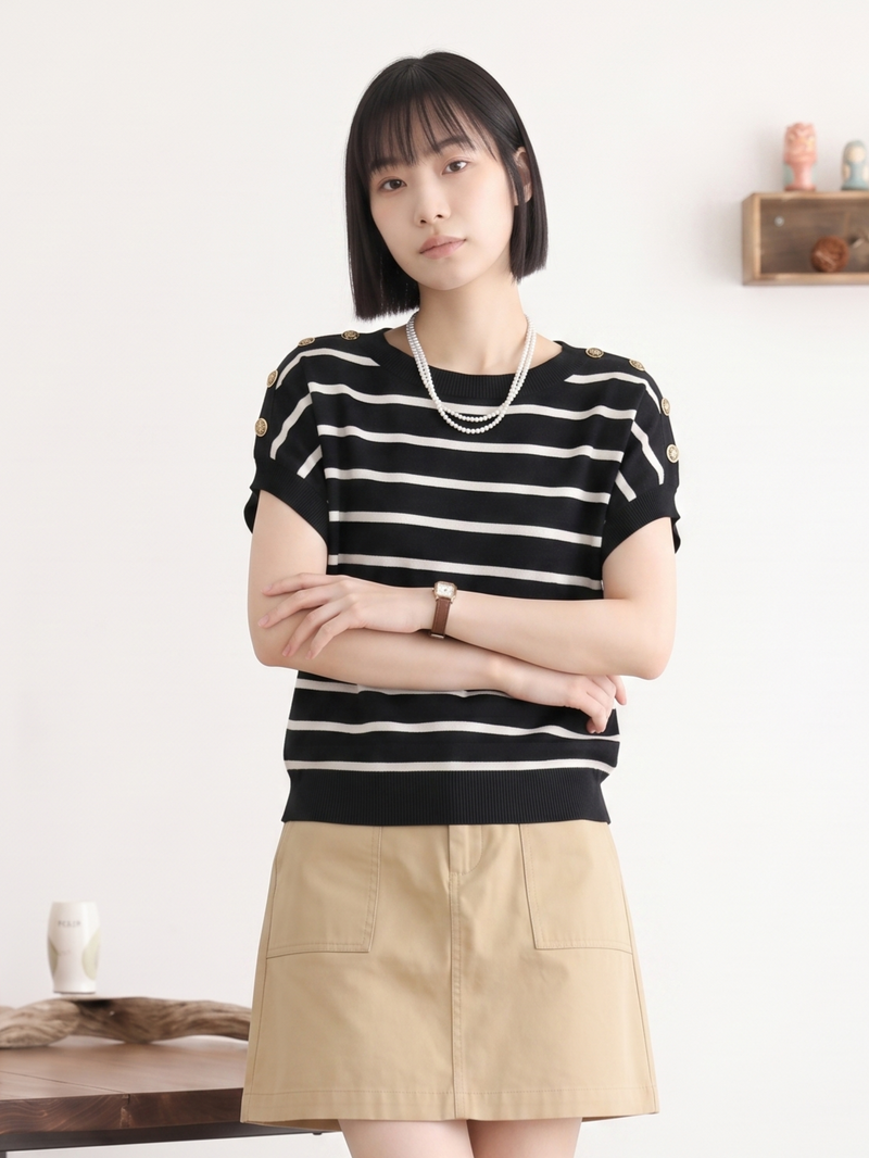 條紋撞線船領落肩短袖針織衫