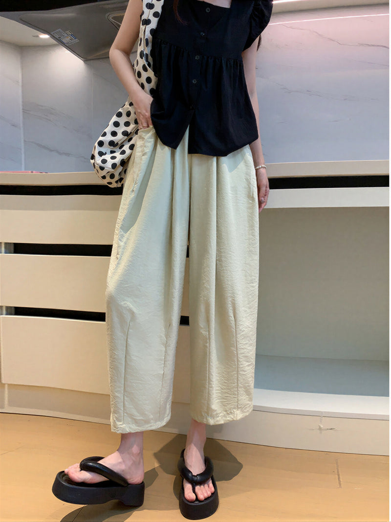 S-XL 高腰寬鬆褶感寬褲