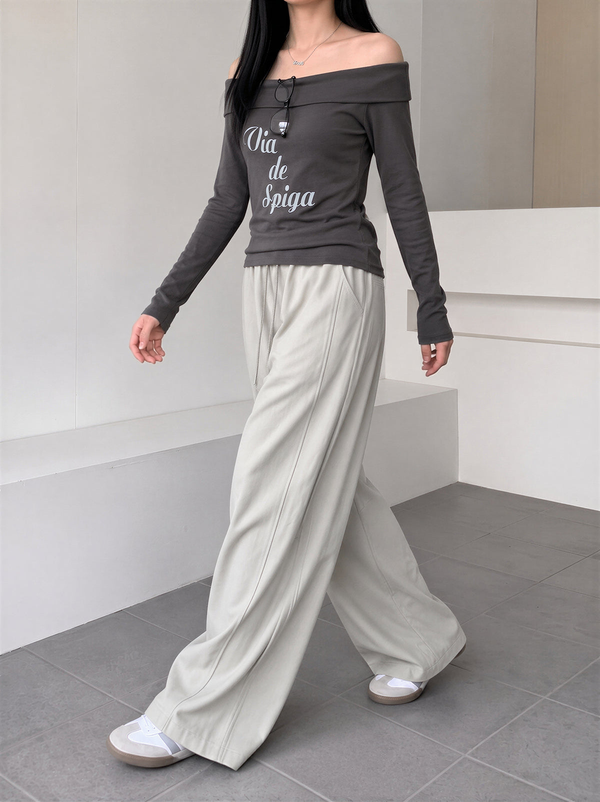 「秋季新品 」「4色」M-XL 高腰抽繩拖地寬褲